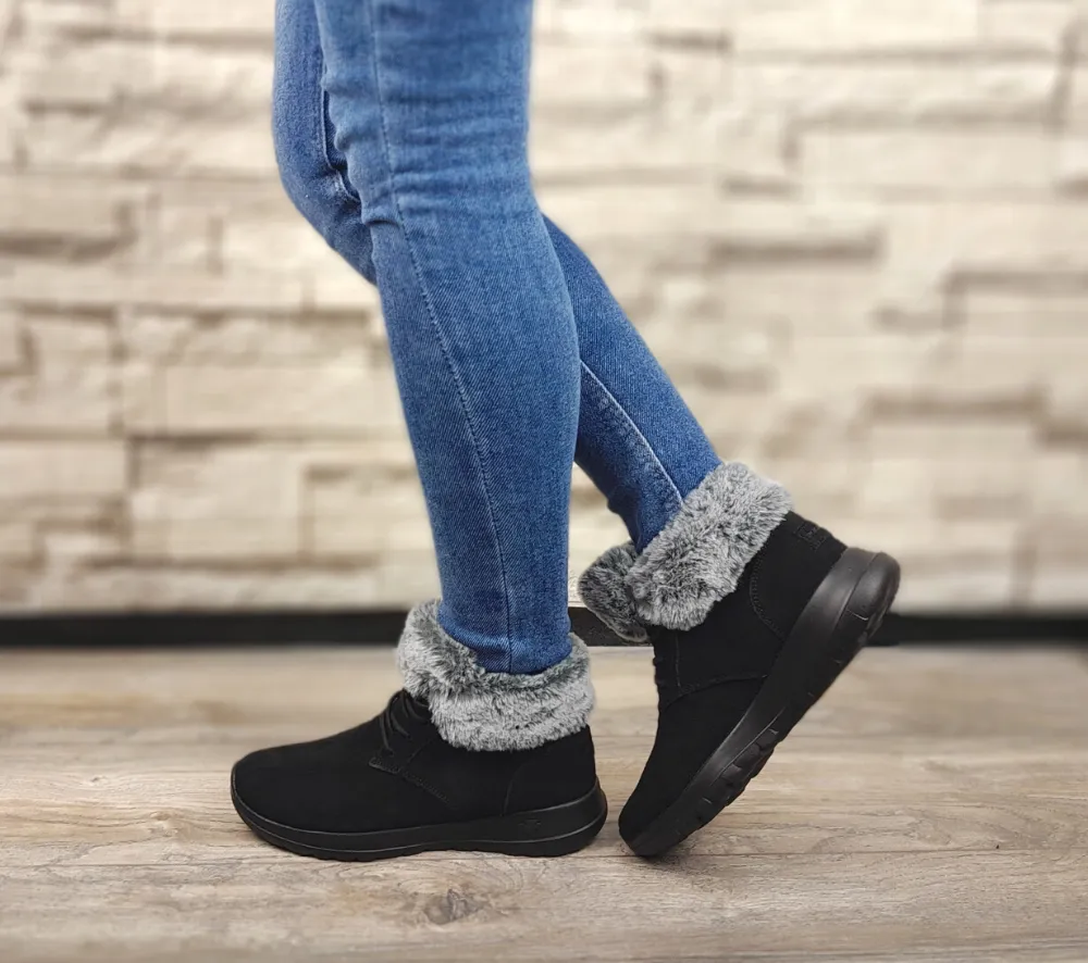Ghete sport, dama, SKECHERS On The Go Joy Plus, 144042-BKGY negru, piele intoarsa